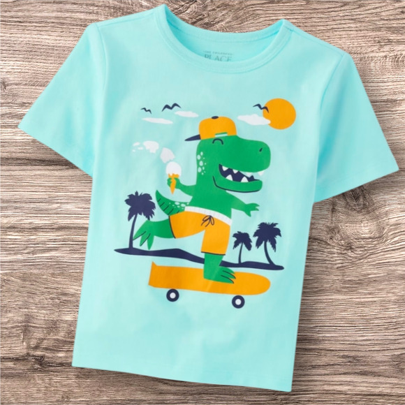CHILDREN'S PLACE Blue Dinosaur Skateboard Short Sleeve T-Shirt NEW Boys Size 3T - Picture 1 of 3